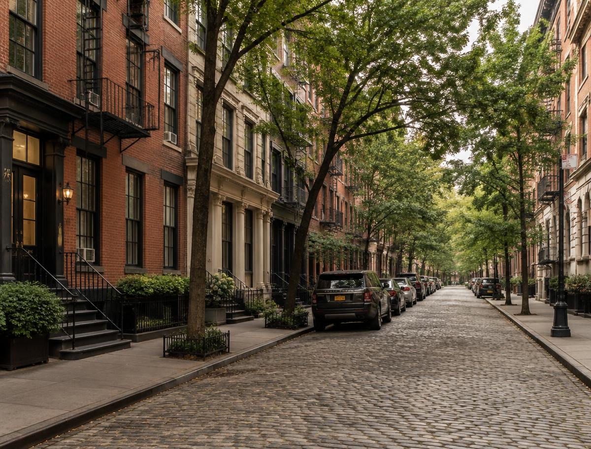 Tree-lined cobblestone street with brick apartment buildings in Downtown Manhattan